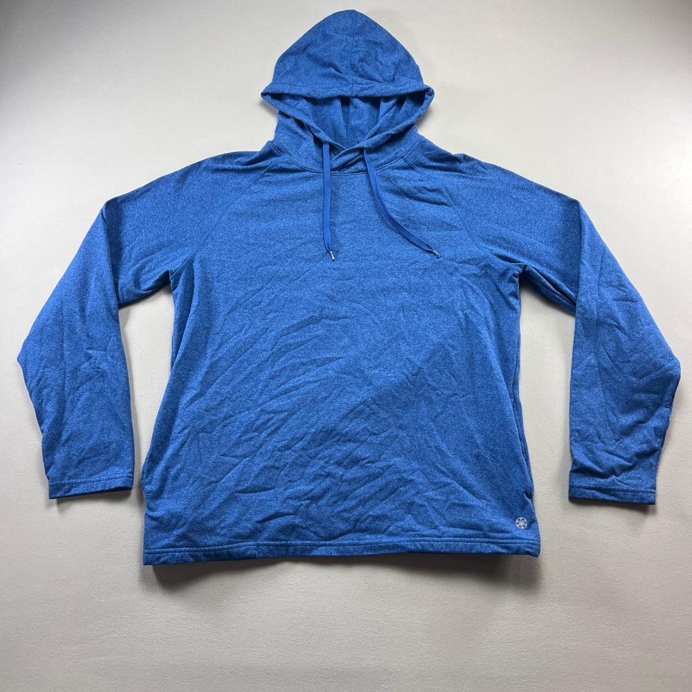 Gaiam Pullover Hoodie Mens Large Heather Blue Fleece Lined Raglan Sleeve Winter